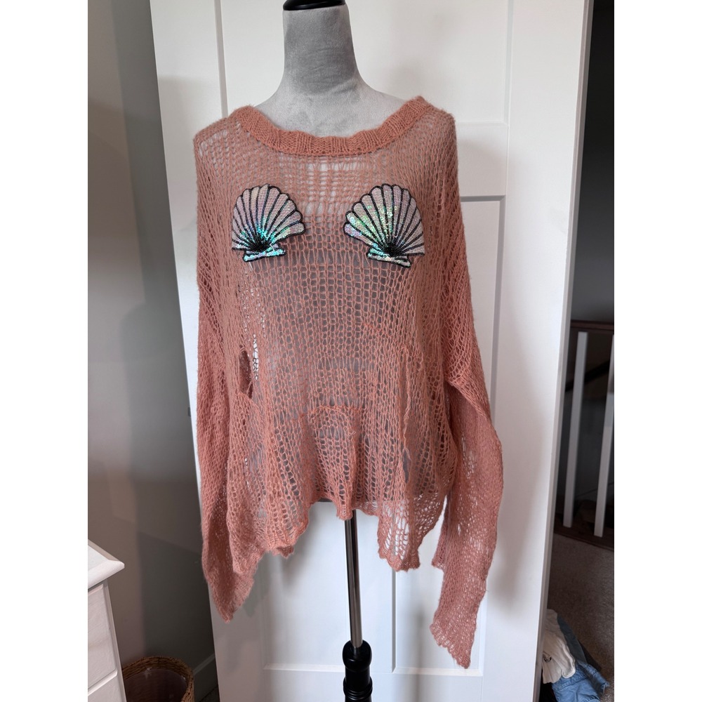 Wildfox White Label Coral Pink Open Knit Sequin Seashell Mermaid Sweater Large